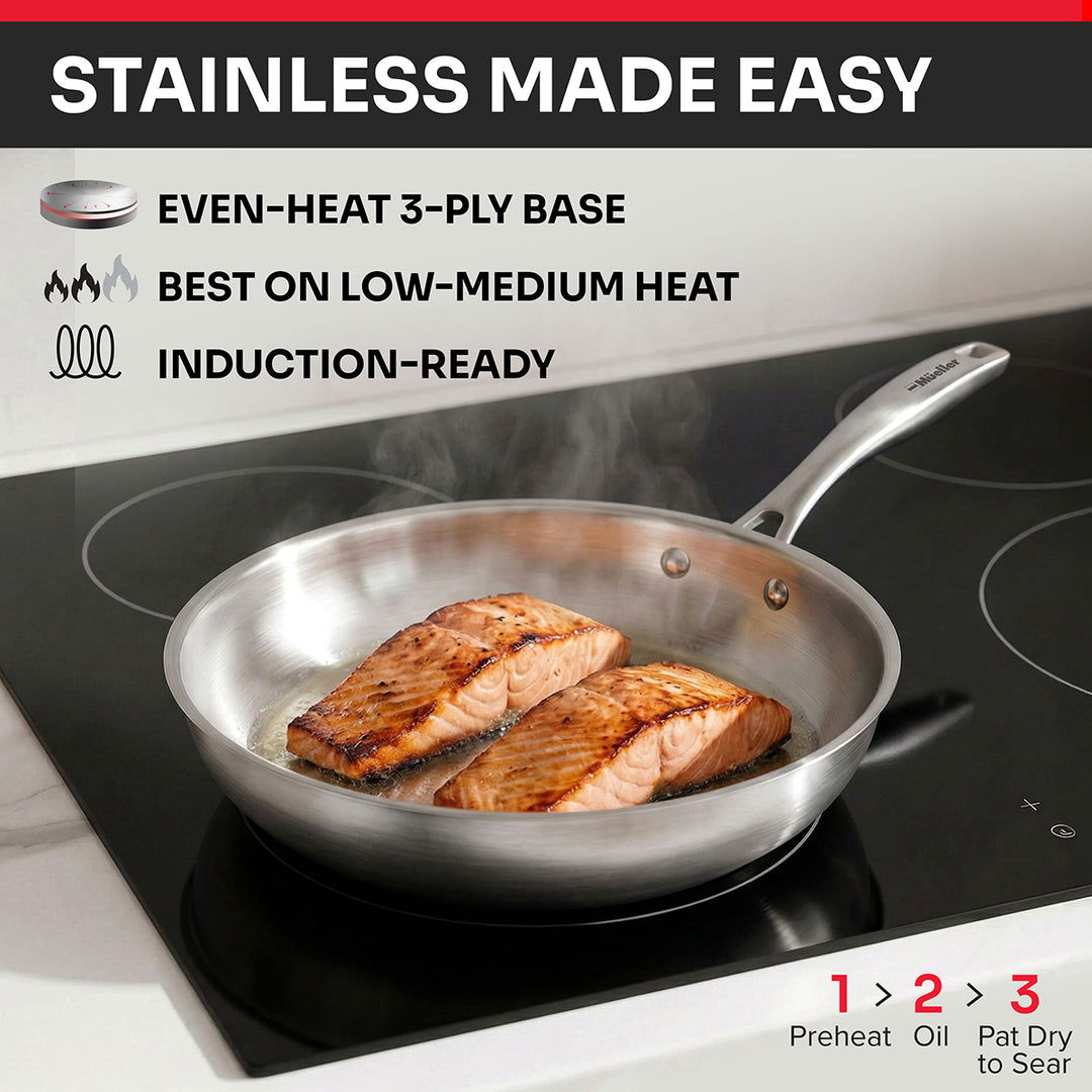 Stainless steel frying pan with salmon cooking on a stovetop, featuring text about the pan's features, including a 3-ply even heat base, best on low-medium heat, induction ready. States to preheat pan, add oil, pat meat/fish down, then add to pan.