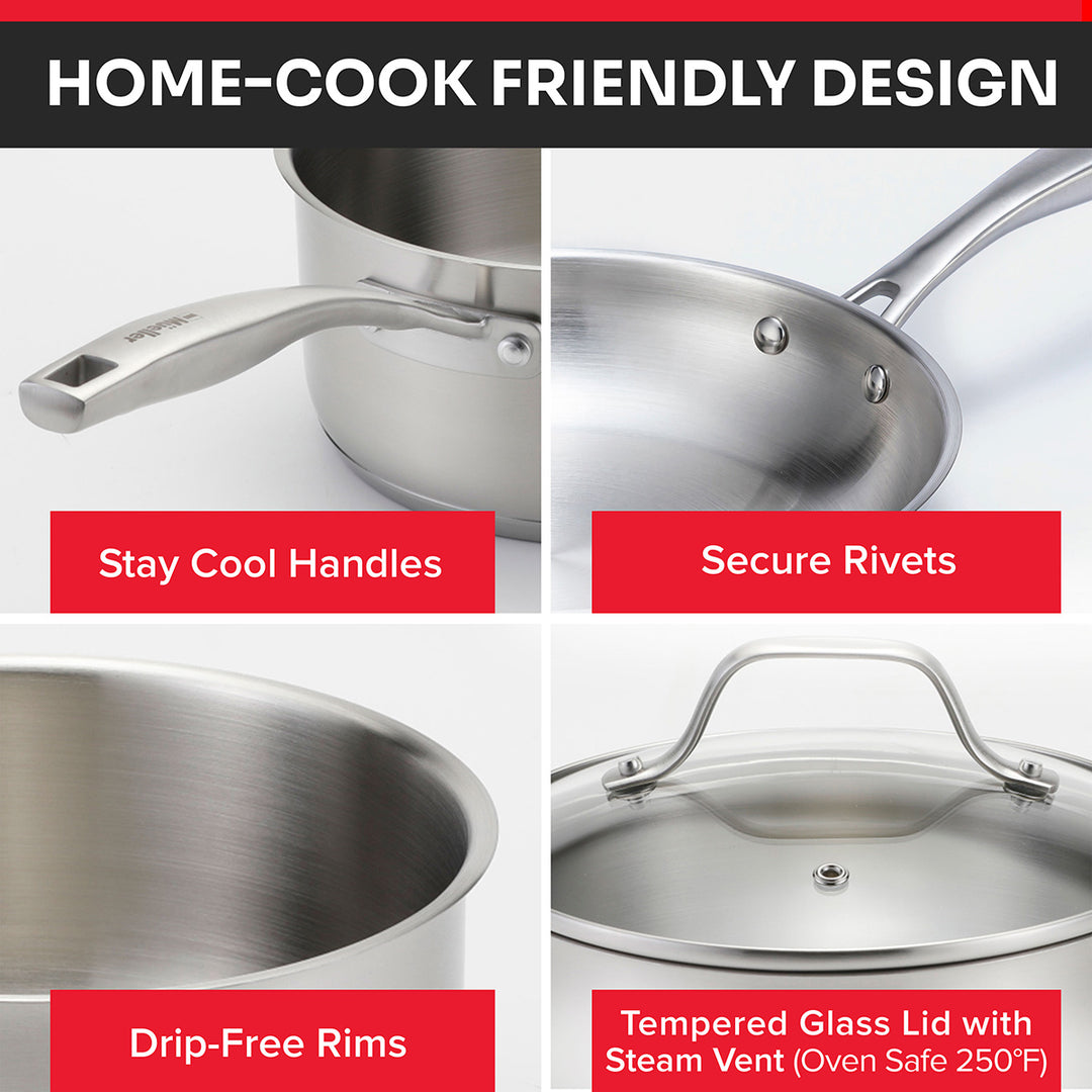 Stainless steel cookware set with features highlighted on a white background including stay cool handles, secure rivets, drip-free rims, tempered glass lid with steam vent that is oven safe to 250°F.