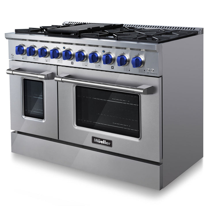 Mueller stainless steel gas range with double ovens and blue knobs on a white background