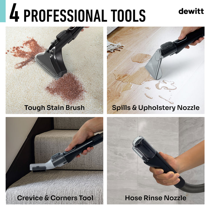 Four professional tools for cleaning with a brand name 'dewitt' displayed.