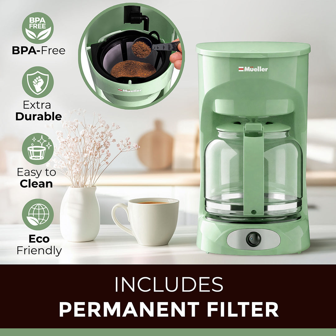 Sage Green coffee maker with features listed on a white background, and an image showing ground coffee being added into the permanent coffee filter with the coffee measuring spoon.