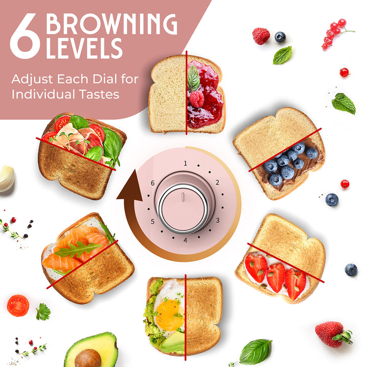 Illustration of toasted sandwiches with different toppings and a temperature dial labeled '6 Browning Levels'.