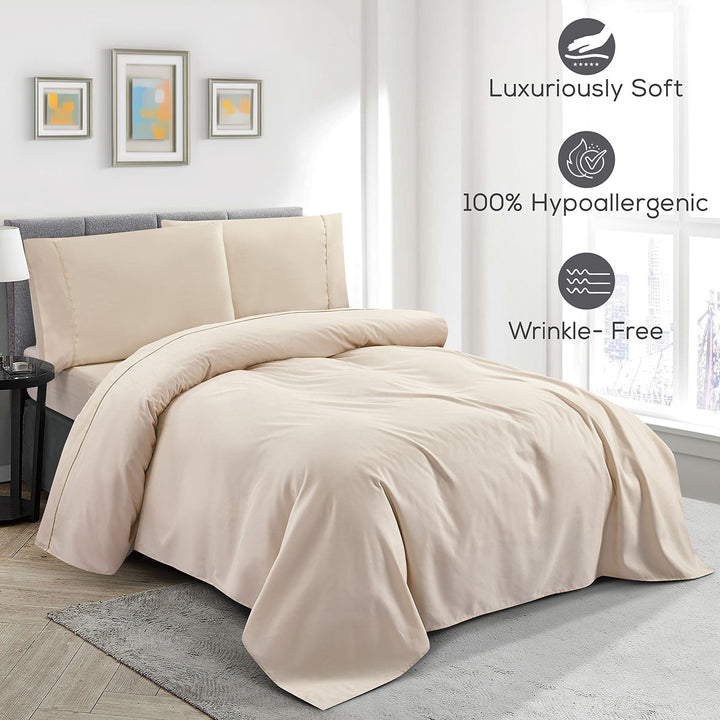 Beige bedding set on a bed with features highlighted on the right.