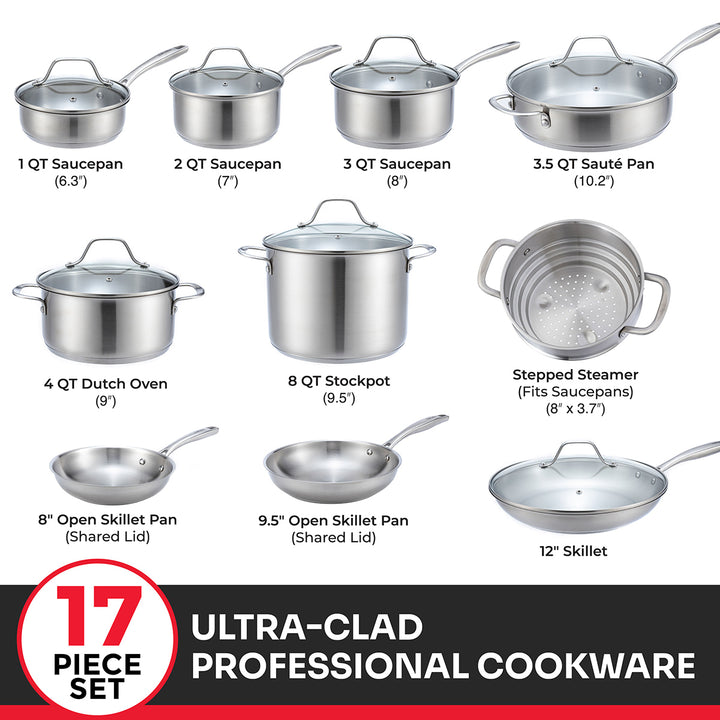 Set of 17 Ultra-Clad professional cookware pieces with sizes and names displayed.
