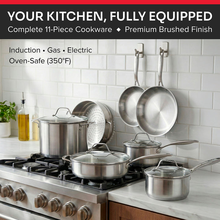 Stainless steel cookware set on a gas stove with a kitchen backgroun, showing how all pieces sit together. Text states Induction, gas, electric, oven safe to 350°F.