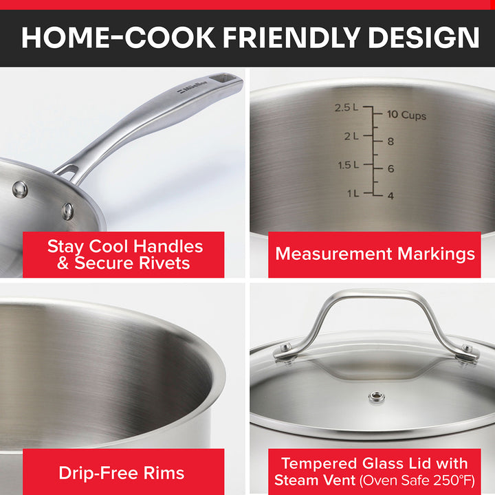 Stainless steel cookware set with features highlighted on a white background. Includes stay cool handles and secure rivets, measurement markings, drip-free rims, tempered glass lid with a steam vent that is oven safe to 250°F.