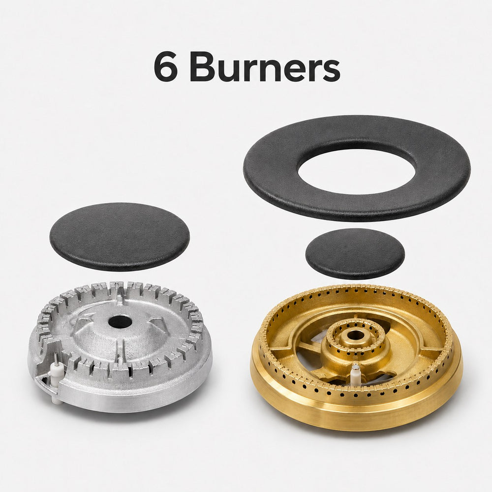 Three stove burners in silver, gold, and black on a white background with '6 Burners' text.