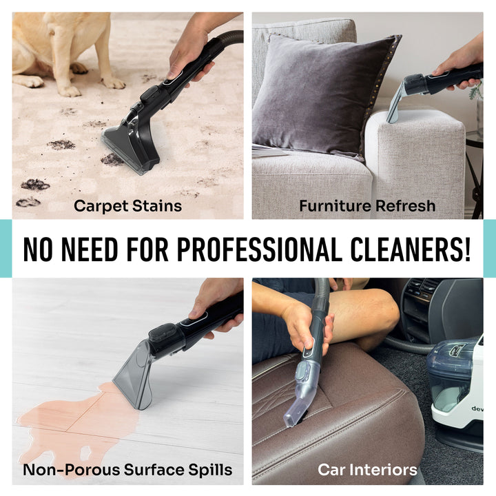 The dewitt carpet cleaner being used on various surfaces with text indicating its effectiveness from carpets, to couch, to non-pourous surface, to car interiors.