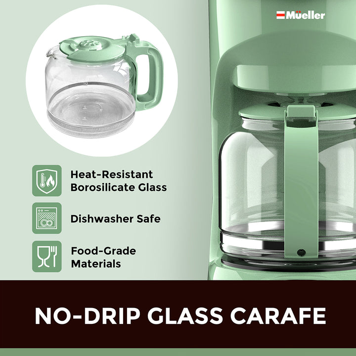 Spear mint green coffee maker with no-drip glass carafe, featuring Mueller brand, on a light green background.
