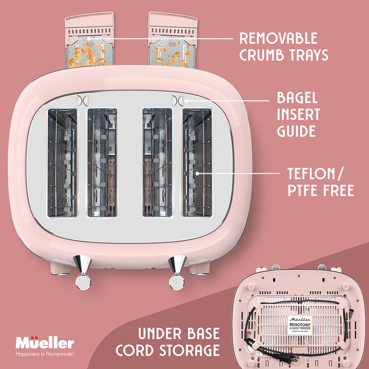 Pink toaster with features labeled on a pink background including two removable crumb trays, bagel insert guide, teflon/PTFE free, under base cord storage