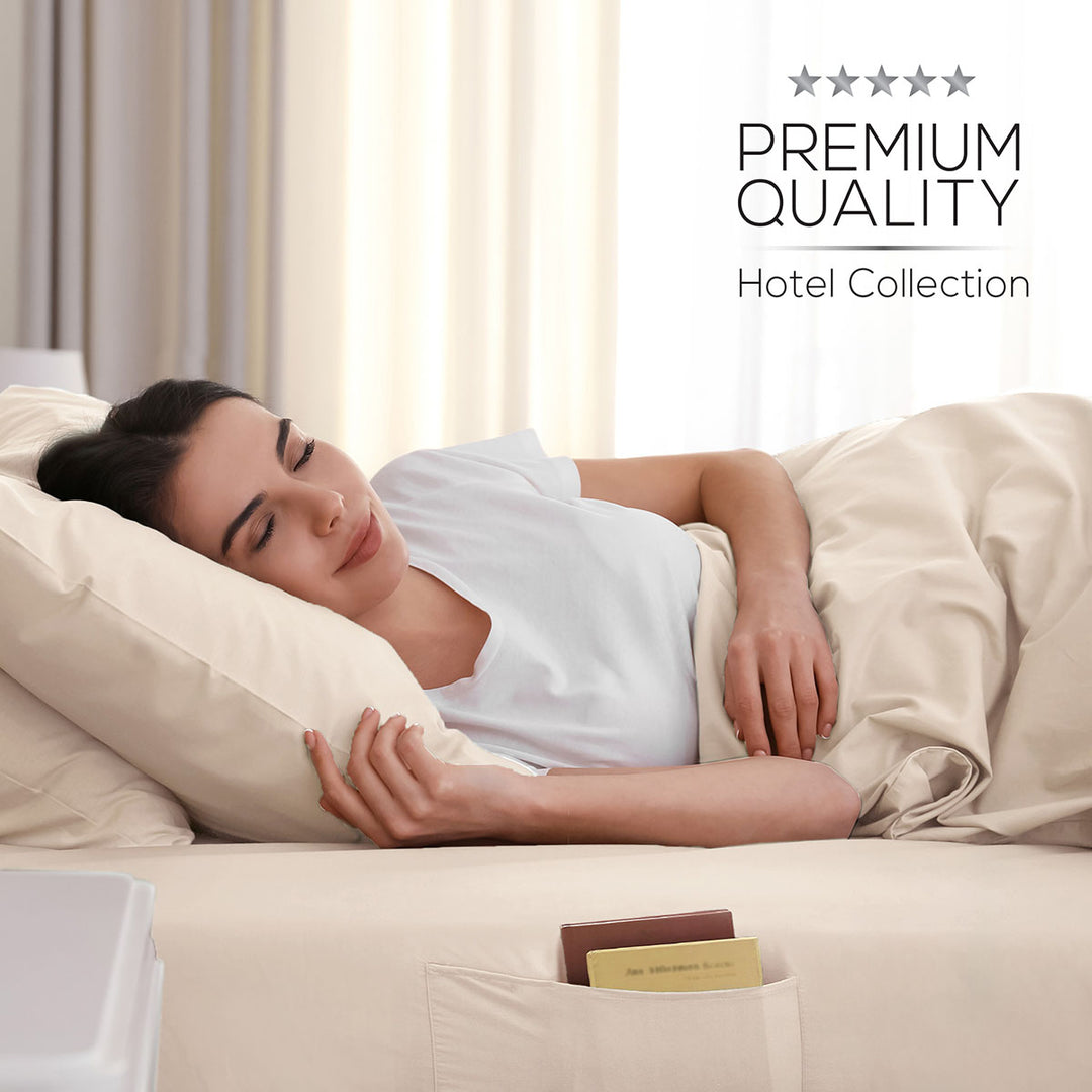 Woman lying on a bed with premium quality bedding, featuring five-star rating text.