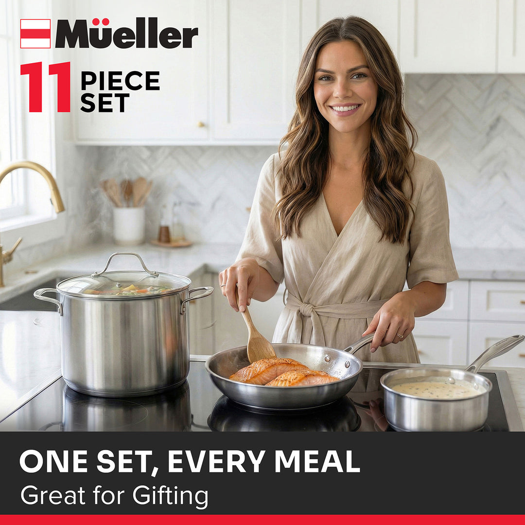 Woman cooking in a kitchen with Mueller cookware, with text stating one set, every meal. great for gifting.