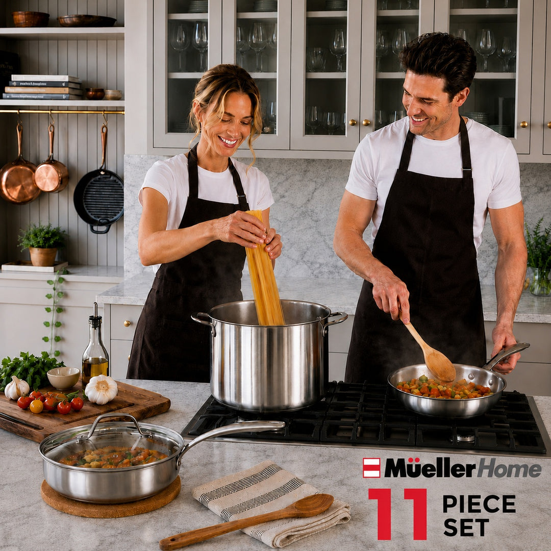 a male and female couple cooking in a cosy kitchen with 3 stainless steel pots with text Mueller Home and 11 piece set