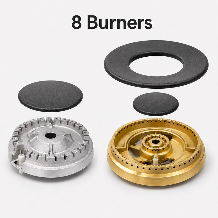 Set of stove burners with '8 Burners' text on a white background