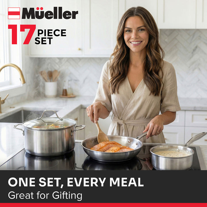 Woman cooking in a kitchen with Mueller sstainless steeel cookware, promotional text overlay stating one set, every meal. Great for gifting