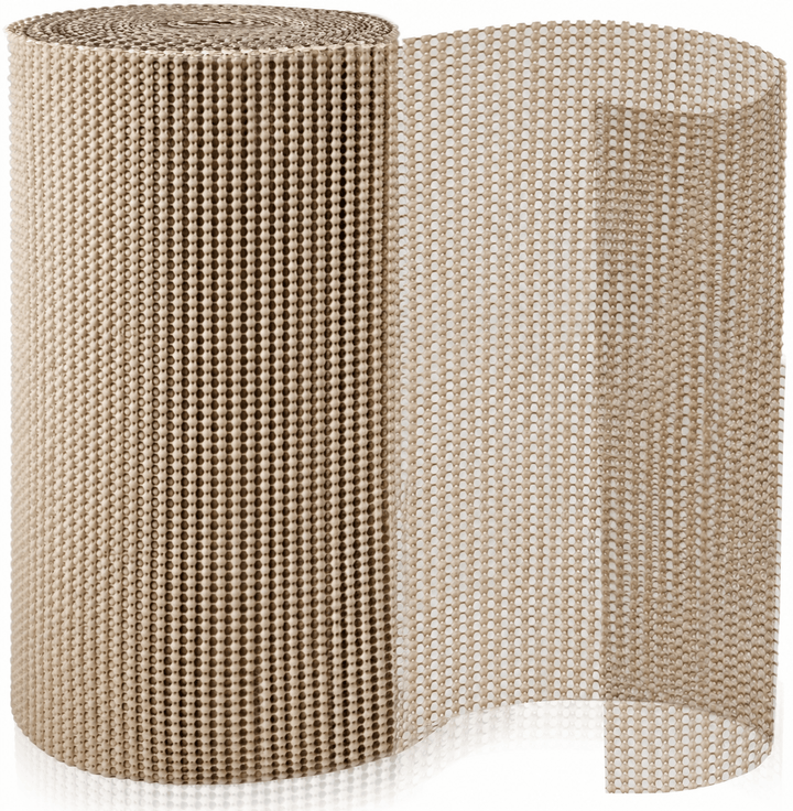 Roll of beige drawer liner material on a white background
