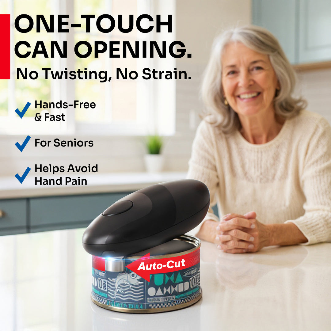 Woman using a can opener with text highlighting its features in a kitchen setting, one-touch can opening, no twisting, no strain