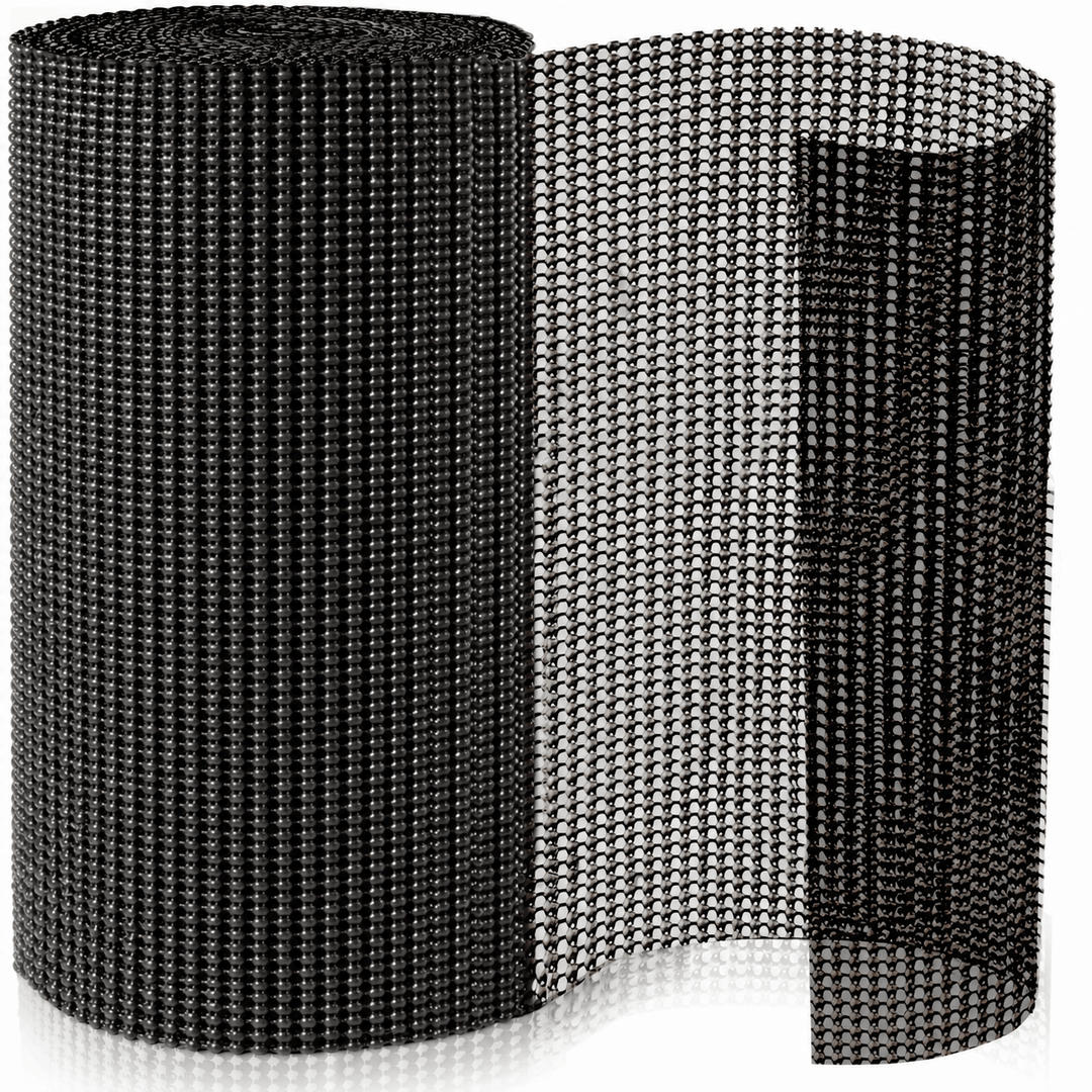 Rolls of black PVC mesh material on a white background