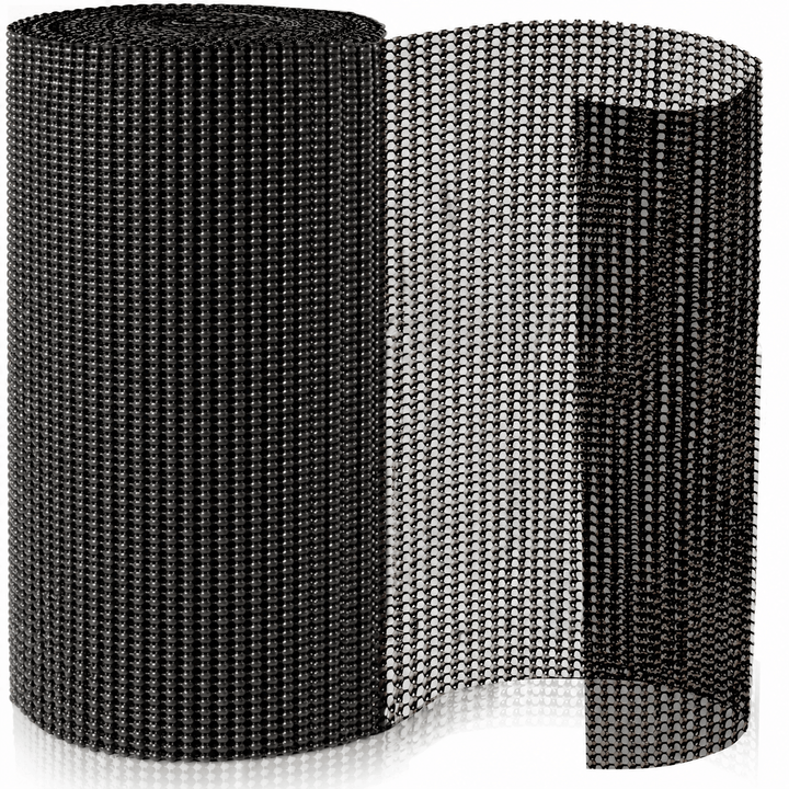 Rolls of black PVC mesh material on a white background