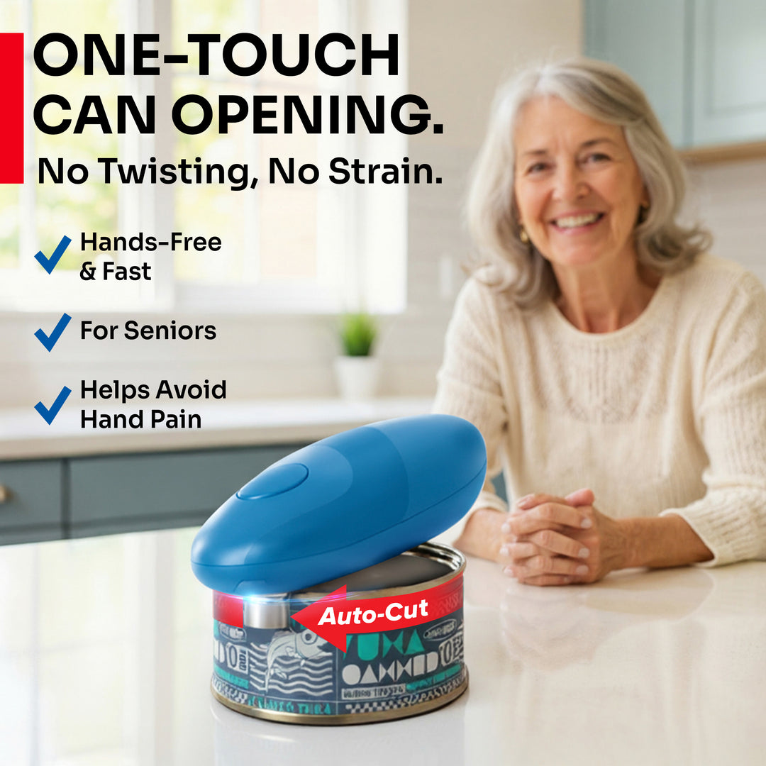 Woman using a can opener with text highlighting its features in a kitchen setting, one-touch can opening, no twisting, no strain