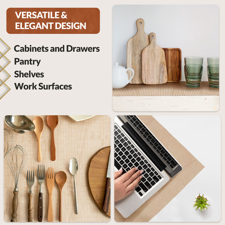 Collage of kitchen items, utensils, and a laptop on a desk with text about versatile design.