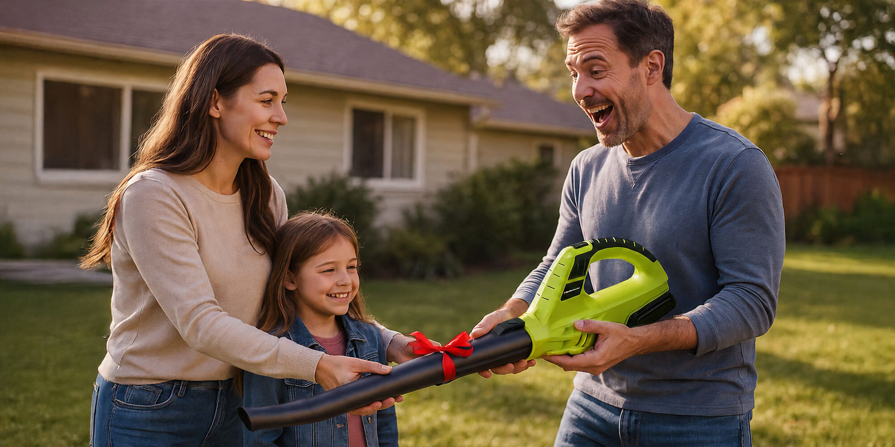Mother and Daughter gifting dad a leaf blower by Mueller Home Garden for Father's day
