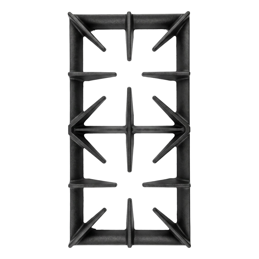 Black gas range stove burner grate on a white background