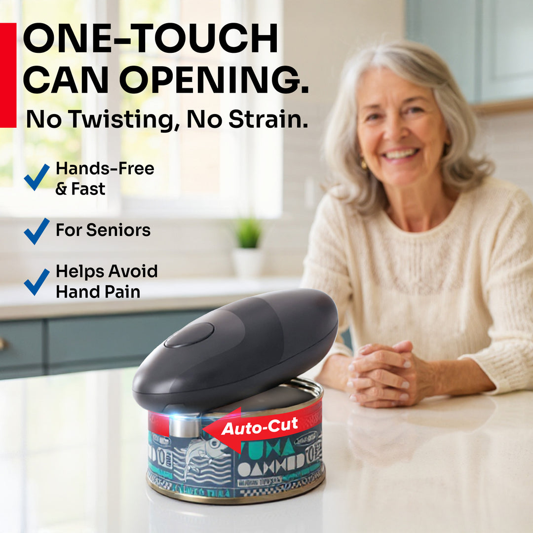 Woman using a can opener with text highlighting its features in a kitchen setting, one-touch can opening, no twisting, no strain