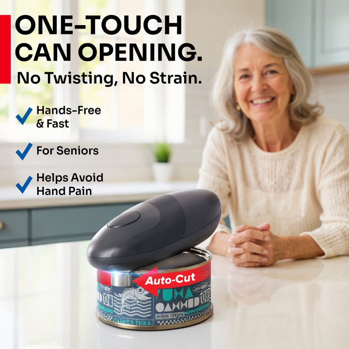 Woman using a can opener with text highlighting its features in a kitchen setting, one-touch can opening, no twisting, no strain