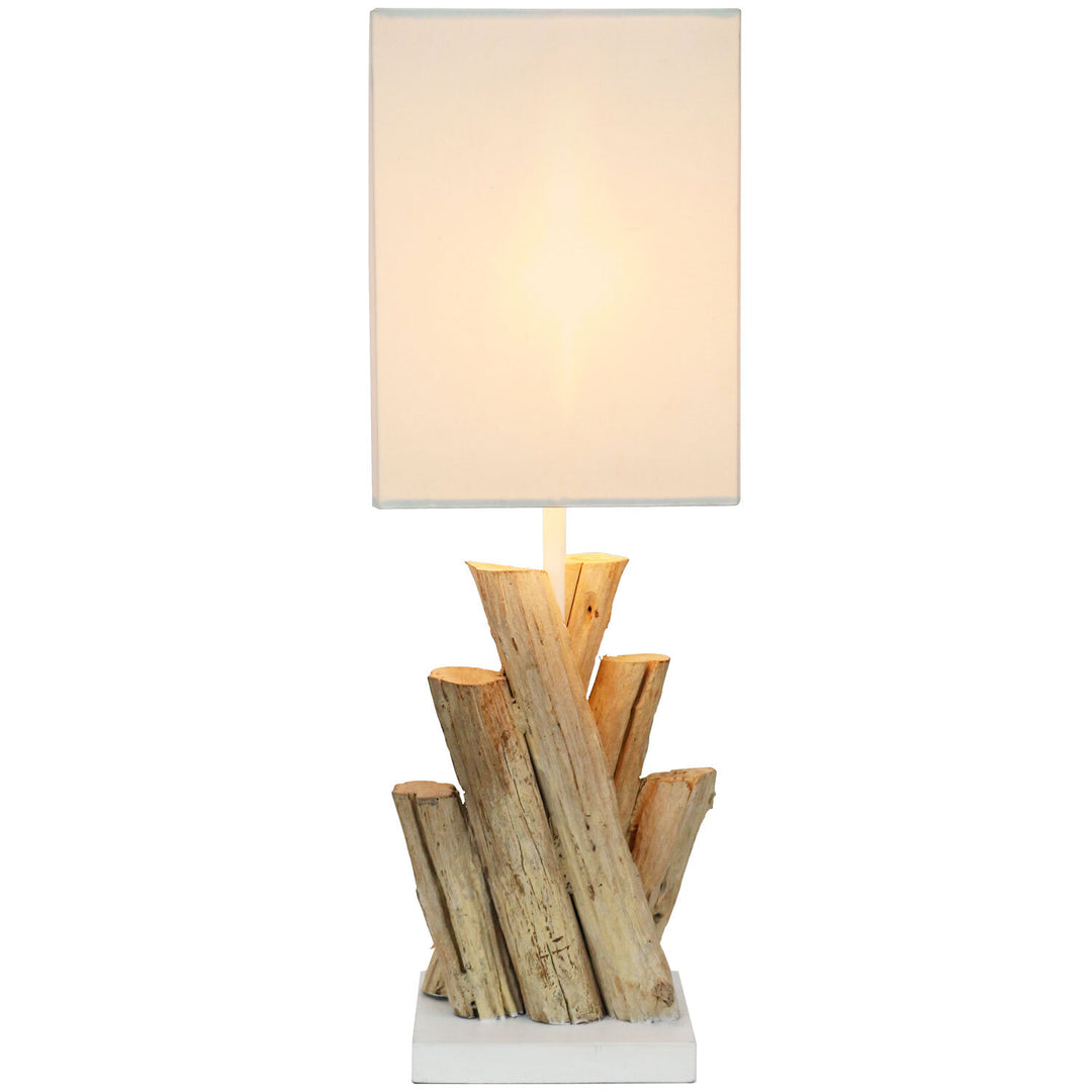 Jelena-Reclamed-Wood-Modern-Lamp-MuellerHome-RW-1700-light wooden base and white shade on a white background