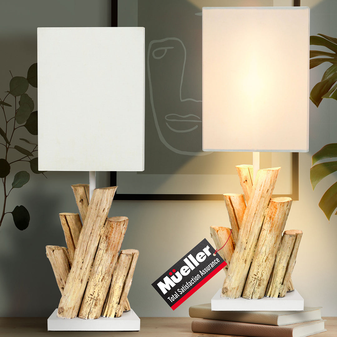 Two table lamps with wooden bases and white shades on a surface, with a 'Mueller' logo in the foreground.