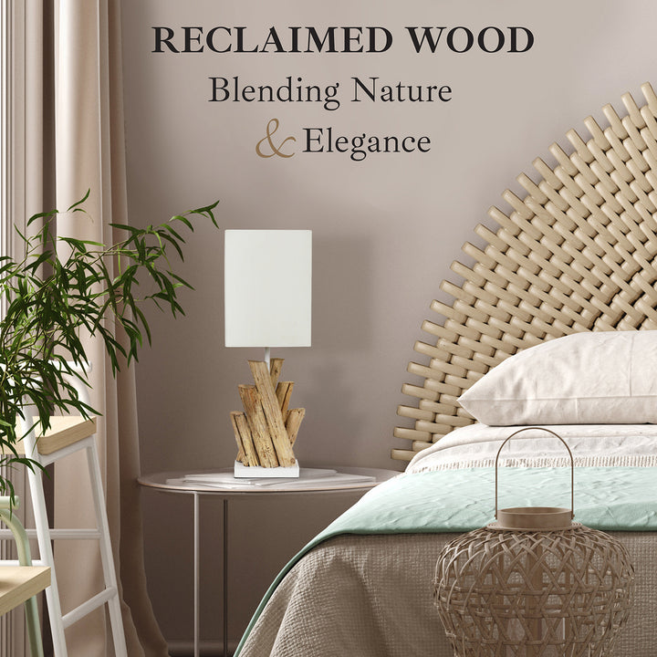 Bedroom with reclaimed wood headboard and lamp, featuring text 'Reclaimed Wood Blending Nature & Elegance'.