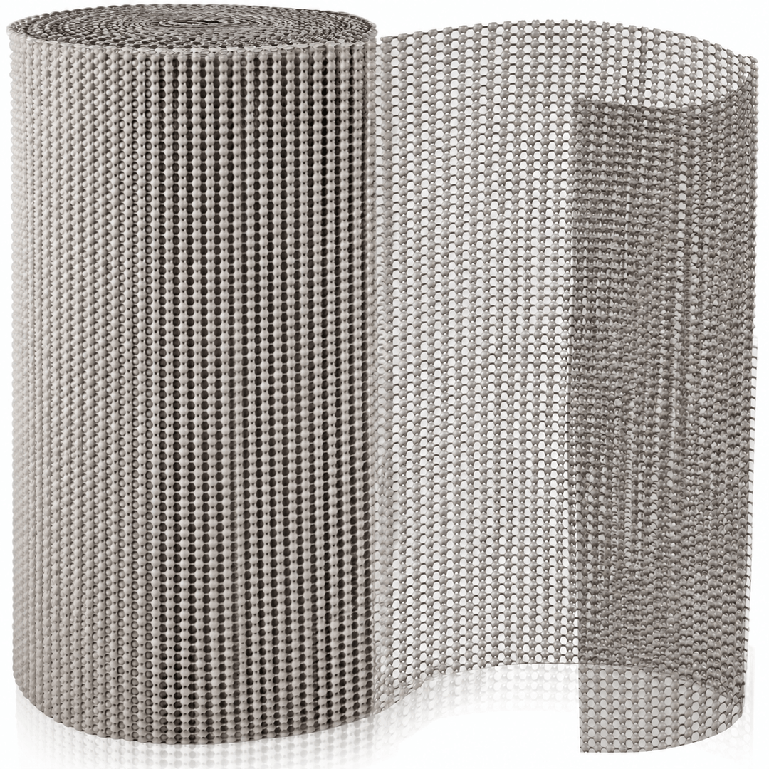 Roll of light grey drawer liner on a white background