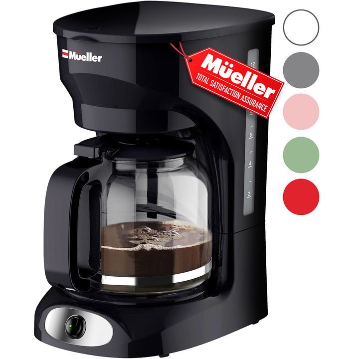 -Mueller 12 CUP Drip Coffee Maker black with glass carafe on a white background, featuring the Mueller brand.