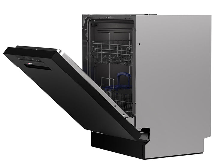 Dishwasher with open door on a white background