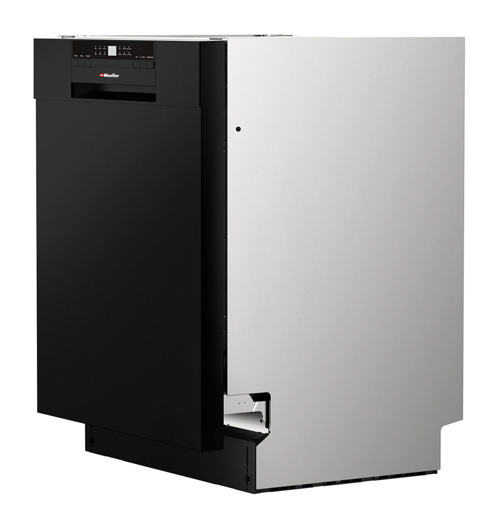 Black and silver dishwasher on a white background