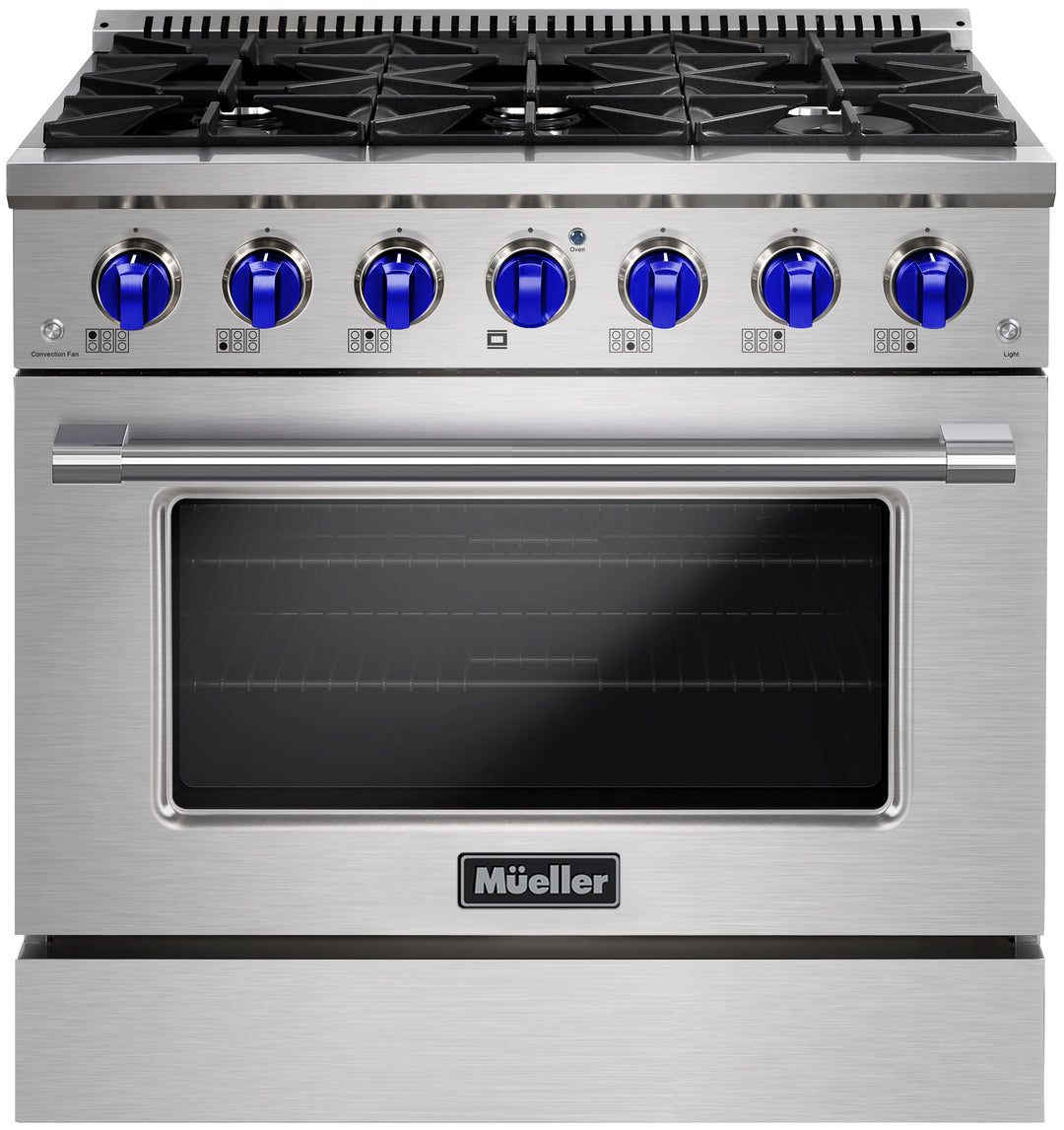 Stainless steel gas range with blue knobs on a white background
