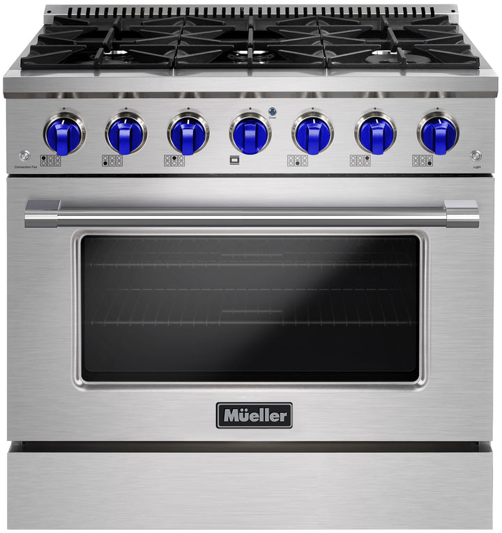 Stainless steel gas range with blue knobs on a white background