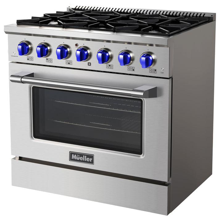 Stainless steel kitchen range with gas cooktop and oven, featuring blue knobs.