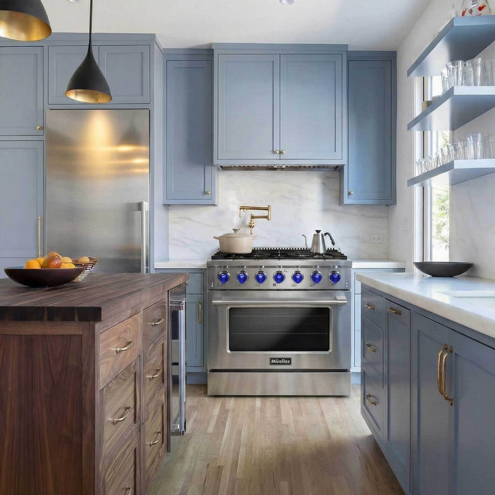 Mueller branded 36 inch stainless steel gas range, with blue knobs, in a light blue kitchen cabinetry, and wooden floorboards. A cosy kitchen. 