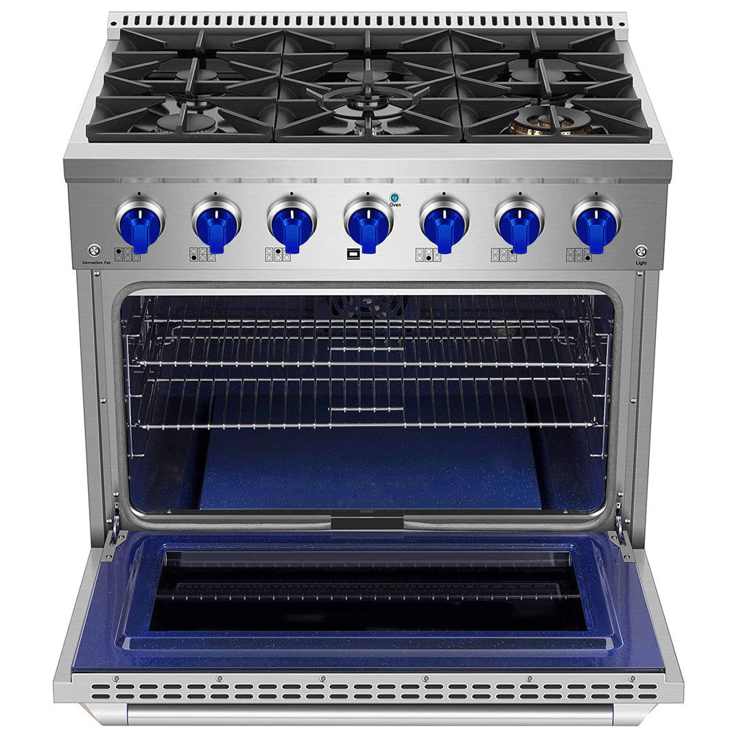 Stainless steel oven with open door on a white background