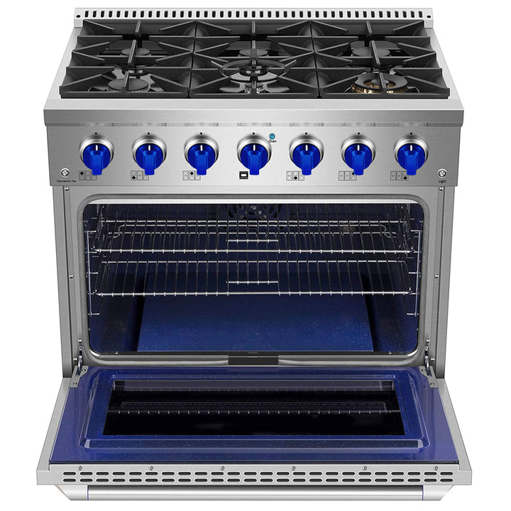 Stainless steel oven with open door on a white background