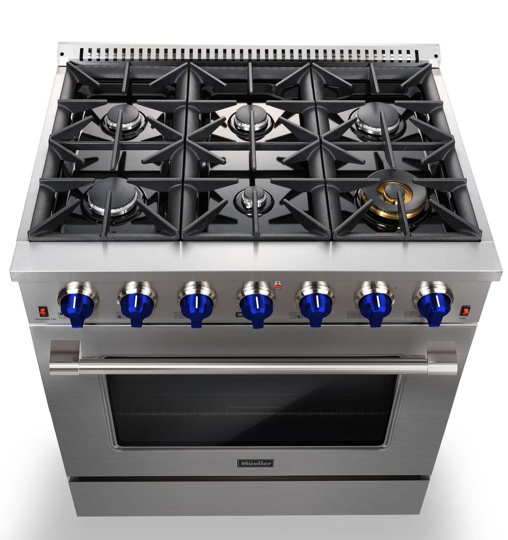 Stainless steel gas stove with blue knobs on a white background
