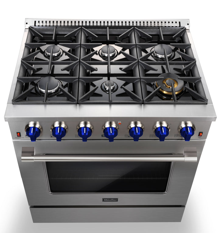Stainless steel gas stove with blue knobs on a white background