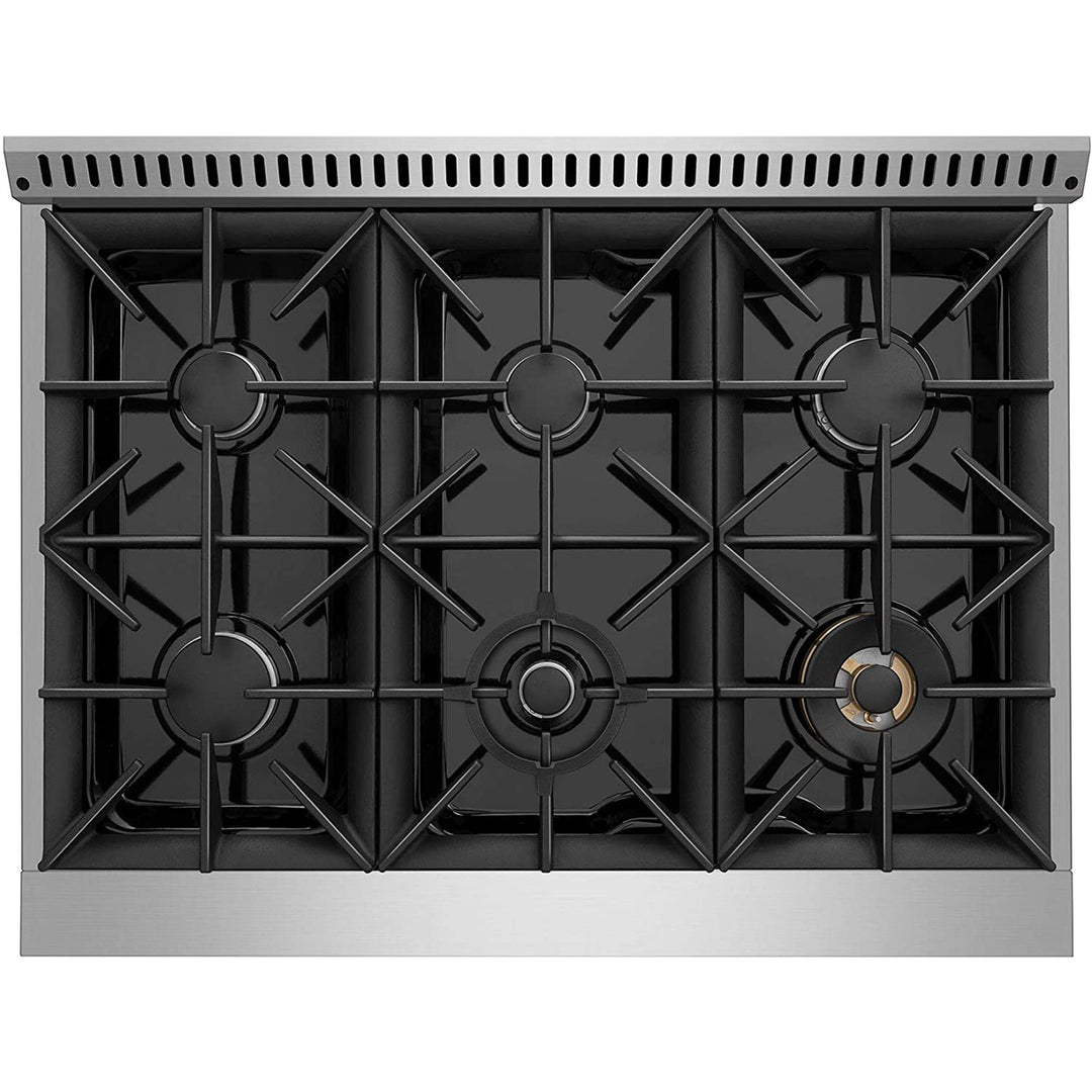 Stainless steel gas cooktop with black grates on a white background
