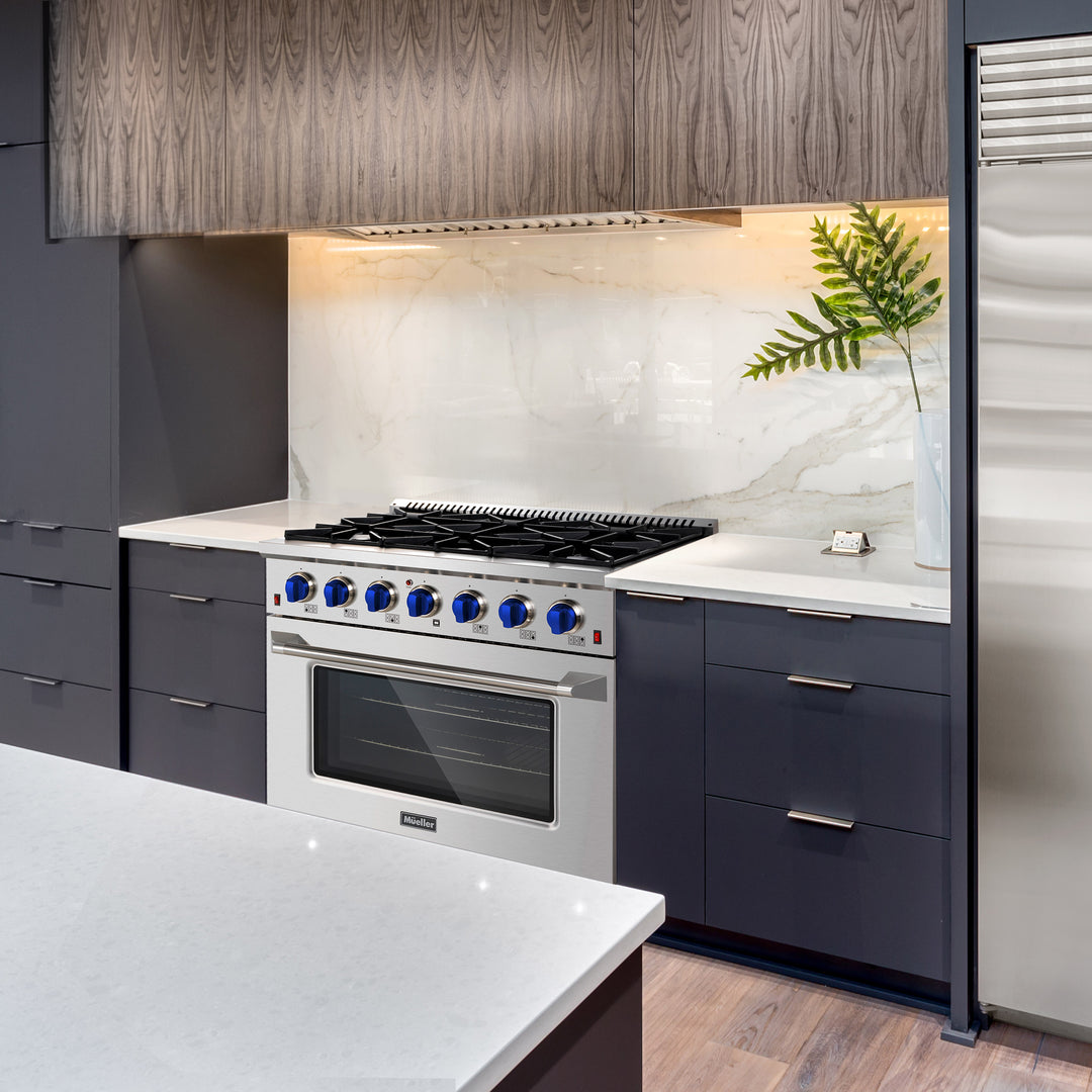 Modern kitchen with stainless steel Mueller-48-gas-range-BLUE-knobs 