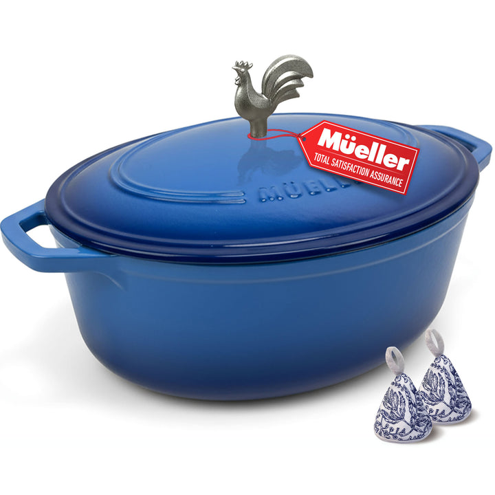 Aqua Blue Oval shaped Dutch oven with the Mueller brand embossed on the lid with a silver rooster knob, on a white background, with two pot holders in a floral blue and white pattern.