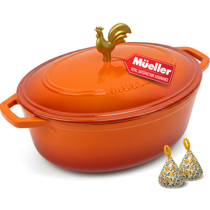 Orange Oval shaped Dutch oven with the Mueller brand embossed on the lid with a gold rooster knob, on a white background, with two pot holders in a floral yellow pattern.