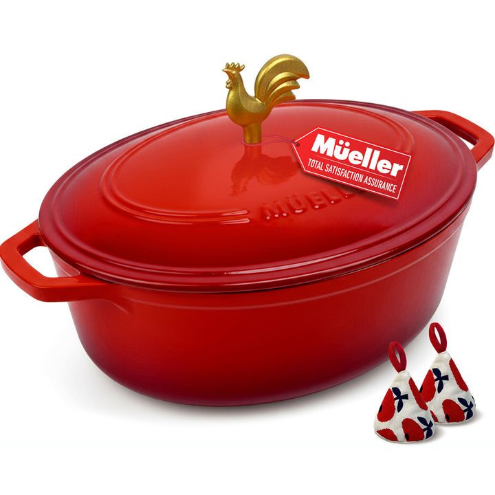 Red Green Oval shaped Dutch oven with the Mueller brand embossed on the lid with a gold rooster knob, on a white background, with two pot holders in a floral red pattern.