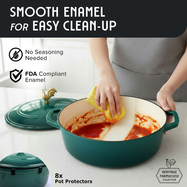 Person cleaning a green enameled pot with a sponge, highlighting smooth enamel for easy clean-up.
